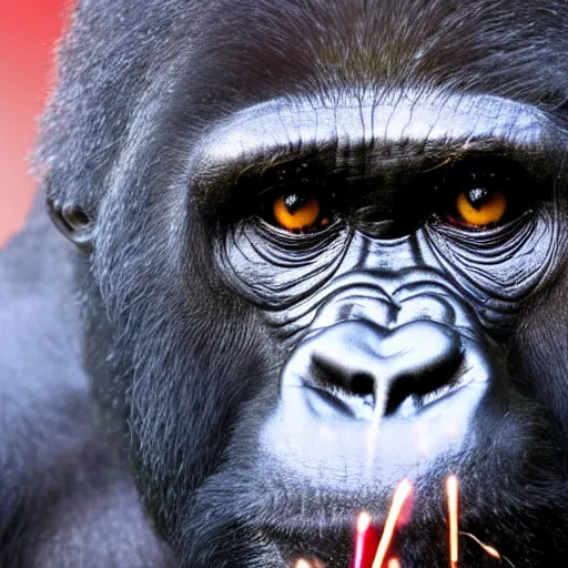 Image similar to portrait of a gorilla with fireworks reflected in its eyes