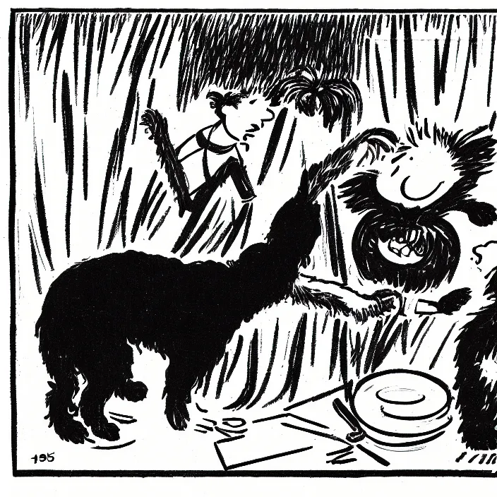 Image similar to a still frame from comic strip, person playing with a black hairy furry dog 1 9 5 0, herluf bidstrup, new yorker illustration, monochrome contrast bw, lineart, manga, tadanori yokoo, simplified,