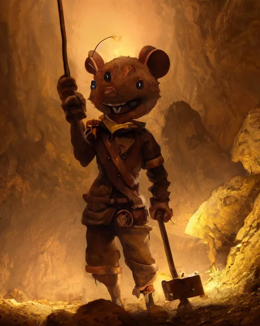 Image similar to oil painting of poor anthropomorphized mouse miner mining gold, pickaxe, close shot, full body, dark steampunk mine shaft background, sharp focus, fantasy style, octane render, volumetric lighting, 8k high definition, by greg rutkowski, highly detailed, trending on art Station, dungeons and dragons artwork, centered