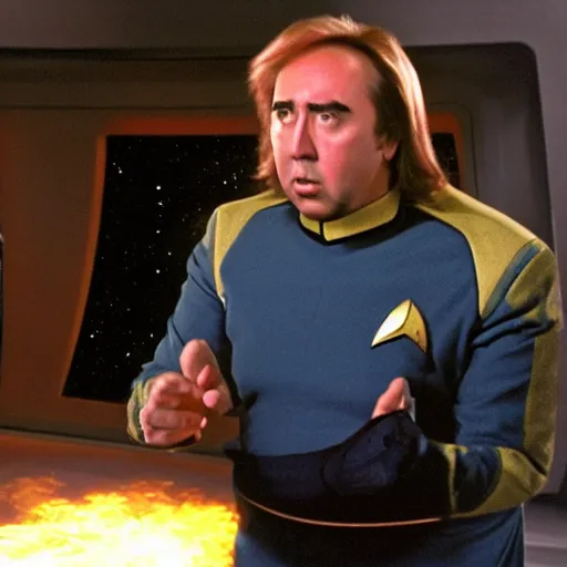 Prompt: a fat nic cage playing captain kirk in star trek, hd digital photography, movie still