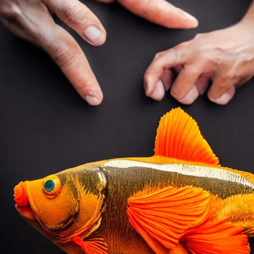 Image similar to gigantic goldfish cracker next to a man that is three times smaller than the cracker, 8 k, 4 k, professional photography, award winning photograph