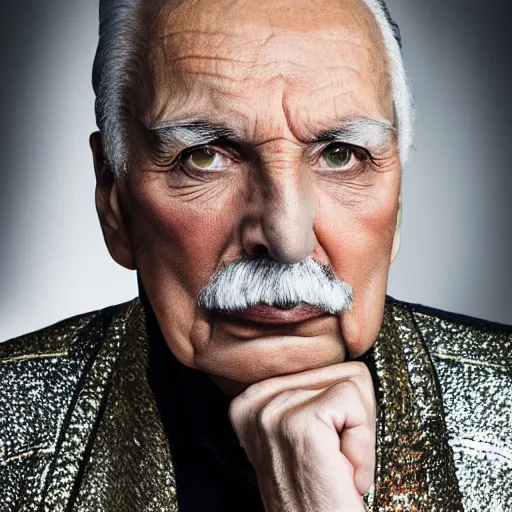 Image similar to old freddie mercury singer at age 9 0 years old, color ( sony a 7 r iv, symmetric balance, polarizing filter, photolab, lightroom, 4 k, dolby vision, photography award ), vogue, perfect face, movie poster