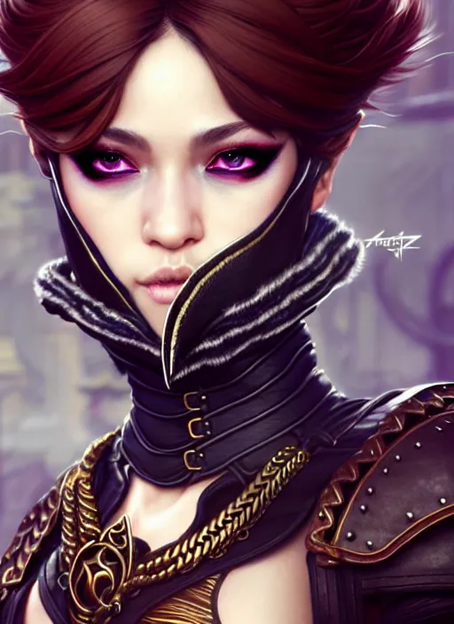 Image similar to rogue, fantasy ornate leather bandit outfit!!! close - up portrait beautiful and athletic short hair female!! gorgeous face and eyes!! character concept art, sharp focus, octane render! unreal engine 5! highly rendered!! trending on artstation!! detailed linework!! illustration by artgerm, wlop, and chie yoshii