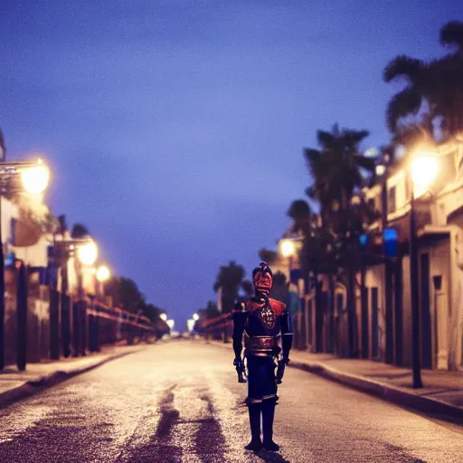 Prompt: empty street, aztec warrior, portrait, at night, by addy campbell, cinematography by quetzalcoatl