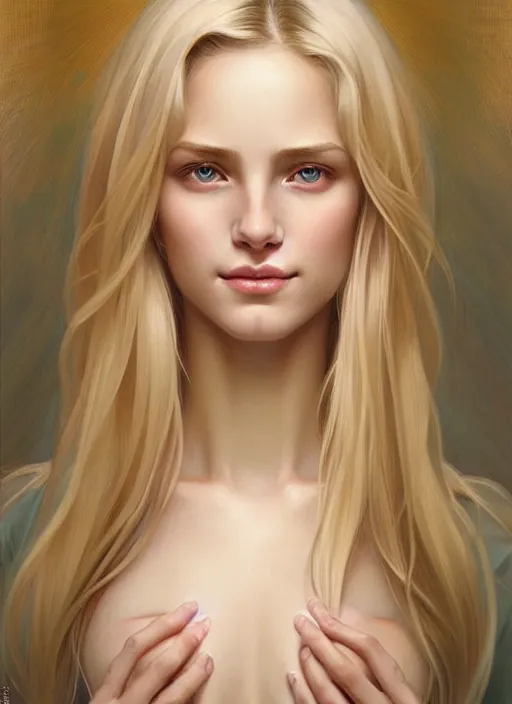 Image similar to beautiful feminine face! portrait of young woman blessed by god with ever - increasing physical mental perfection, blonde hair, symmetrical! intricate, elegant, highly detailed, holy perfection!! smile, feminine features, digital painting, artstation, concept art, smooth, sharp focus, illustration, art by artgerm and greg rutkowski and alphonse mucha