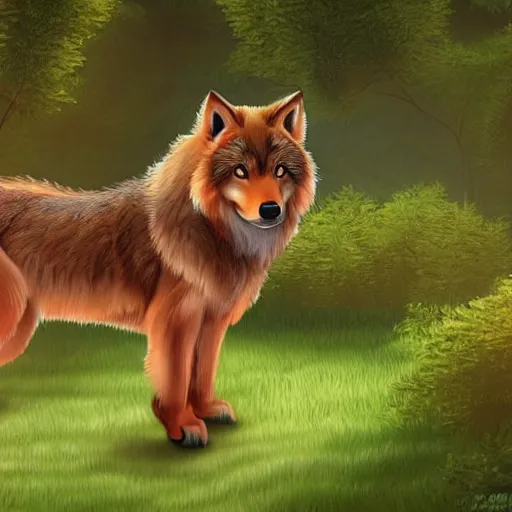 Prompt: professional stylized full - body digital art of a side profile of a tibetan wolf, tan and brown fur, fluffy, falling leaves, hd, 8 k, highly detailed, high quality, cute