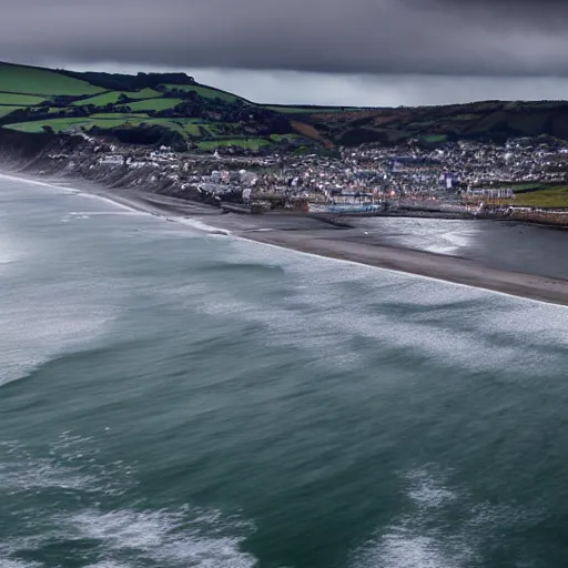 Image similar to the town of aberystwyth with stormy sea, ultrarealism, photorealism, 8 k, wide angle