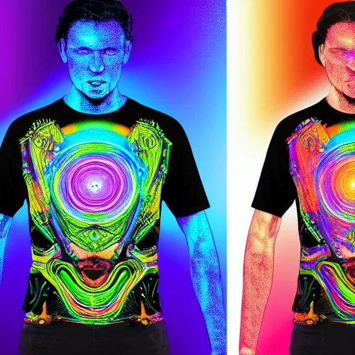 Prompt: mockup of a black tshirt with a hyperdetailed portrait of a futuristic robot by alex grey, 8 k, symetrical, flourescent colors, happy trippy mood, multicolored,