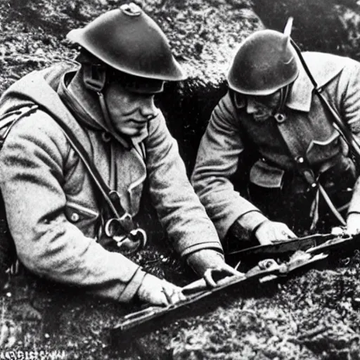 Image similar to ww 1, in the trenches. two soldiers fixing a telegraphy line while their corps is under attack