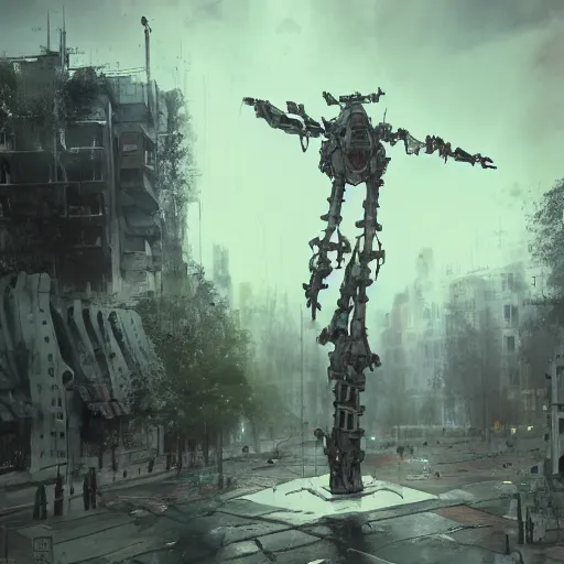 Image similar to six feet tall mech fighting in an urban environment, by gaudi, by giger, by ismail inceoglu, octane render, by weta digital, cinematic lighting, bump mapped, lumen reflections, ambient occlusion, action scene screenshot, epic scale, trending on artstation