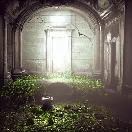 Prompt: abandoned garden inside a dark mansion, fountain, dead flowers, realistic, highly detailed, background of resident evil game