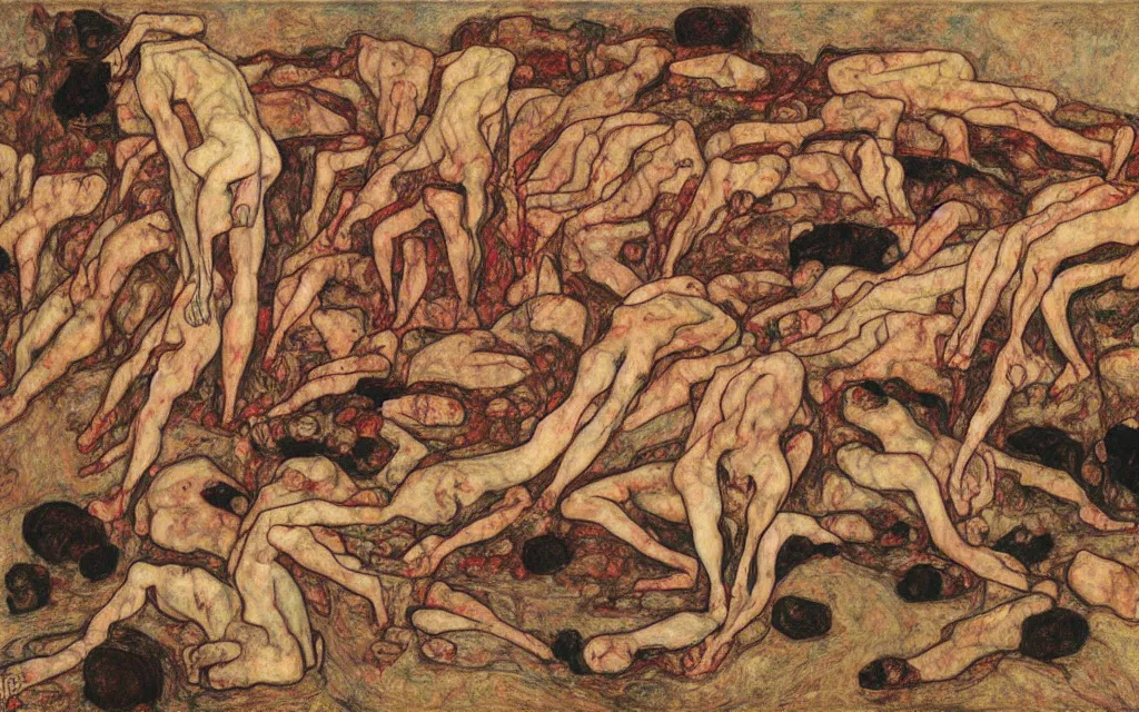 Image similar to a painting of a pile of bodies by egon schiele with influence of zdzisław beksinski, alfred kubin, oskar kokoschka, and egon schiele