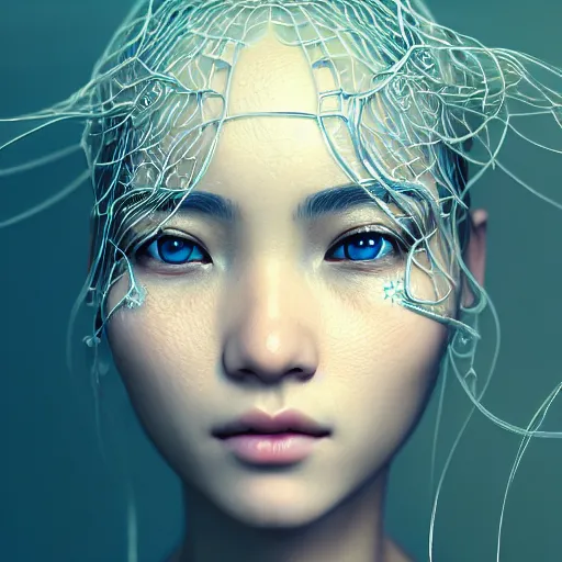 Image similar to intricate highly detailed face portrait of asian - european woman, light blue water vines on her face, intricate, cgsociety, unreal engine, octane render, sharp focus, smooth, volumetric lighting, cinematic composition, artstation