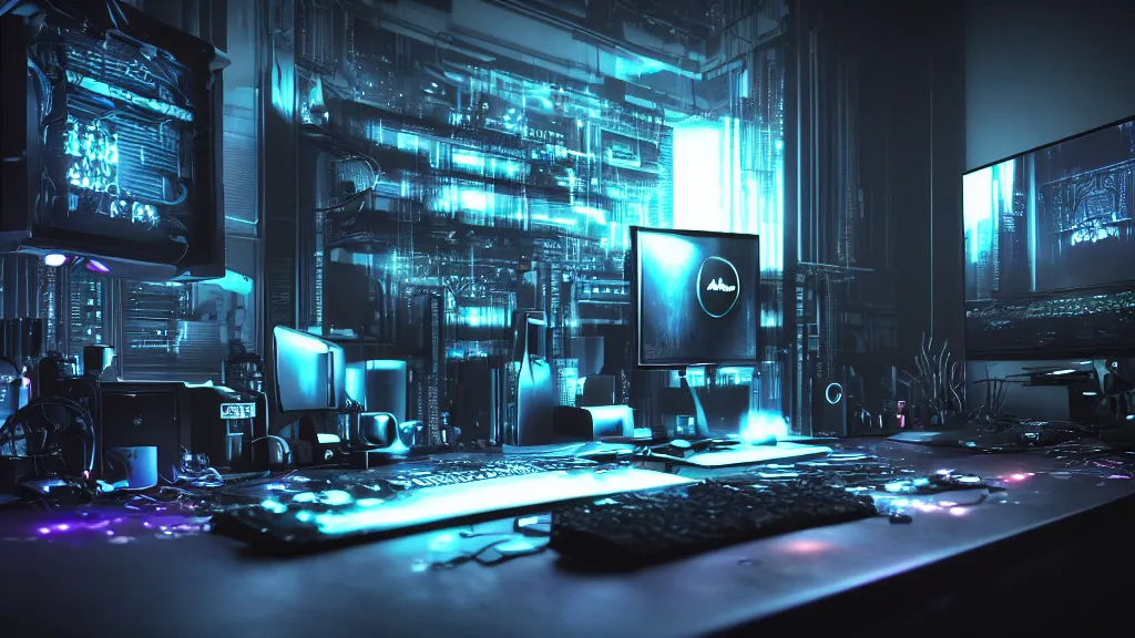 Image similar to a cyberpunk overpowered computer. Overclocking, watercooling, custom computer, cyber, mat black metal, alienware, futuristic design, desktop computer, desk, home office, whole room, minimalist, Beautiful dramatic dark moody tones and lighting, Ultra realistic details, cinematic atmosphere, studio lighting, shadows, dark background, dimmed lights, industrial architecture, Octane render, realistic 3D, photorealistic rendering, 8K, 4K, computer setup, highly detailed