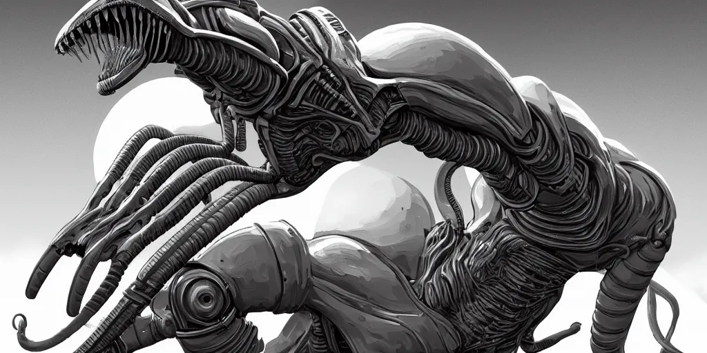 Prompt: single mono colossus white rusty android with a xenomorph, mars, artstation cinematic