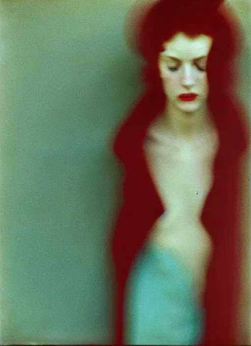 Image similar to out of focus, head to shoulders woman, photography by saul leiter and ernst haas in a decorated pompeii peristylium, tea green, airforce blue, red, pale skin, closed eyes