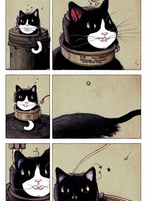 Image similar to a hyper realistic ink cat in a spaaceship 6 panel comic by chiara bautista and norman rockwell and greg rutkowski weta studio, and lucasfilm