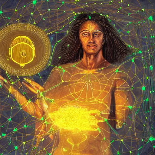 Image similar to mythological Greek Athenian Shaman of artificial intelligence creating an artificial neural network with yellow synapses on an anvil at dawn, high resolution, award winning art, trending on art station, sharp image, incredibly detailed, detailed character realistic painting