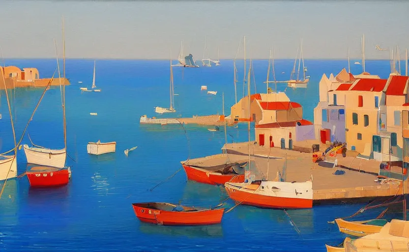 Prompt: A painting of a Mediterranean fishing village, azure blue sea, boats, peaceful, beautiful, in the style of Michiel Schrijver