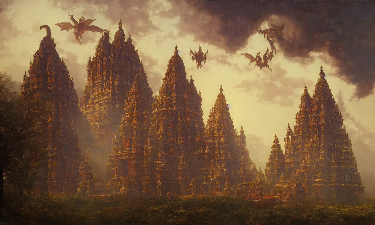 Prompt: A beautiful Hindu temple by Simon Stålenhag and Albert Bierstadt, oil on canvas, with a dragon flying above the temples