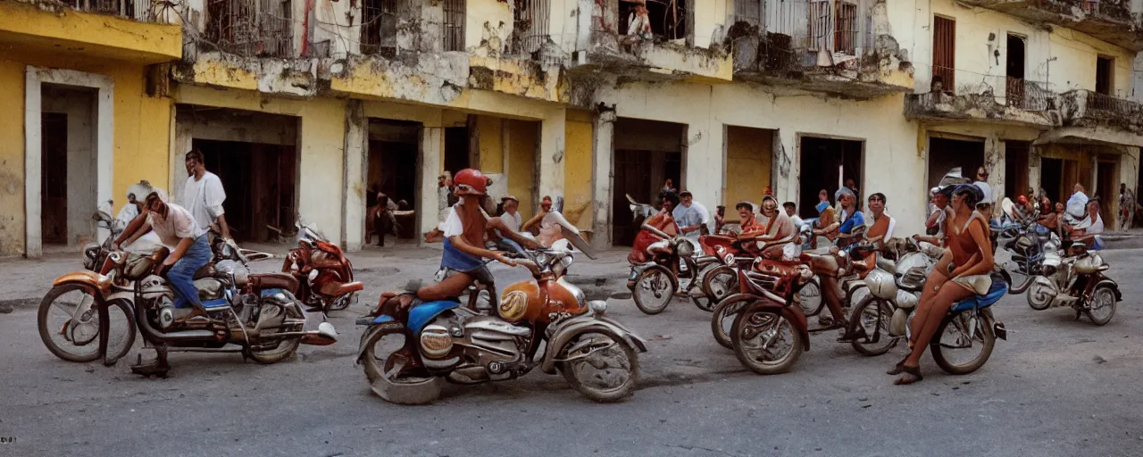 Image similar to a group of people in 1 9 5 0's cuba driving motorcycles made out of spaghetti, canon 5 0 mm, cinematic lighting, photography, retro, film, kodachrome