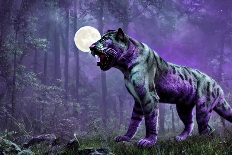 Image similar to a purple colored panther roaring in a forest during the night, large moon in the center. high quality. illustration. 4 k. cinematic. photoreal. highly detailed. artstation. dramatic. darkness. moon.