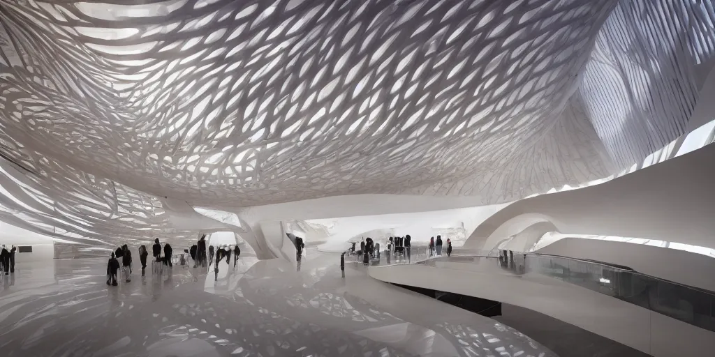 Image similar to extremely detailed ornate stunning beautiful elegant futuristic museum lobby interior by Zaha Hadid, stunning volumetric light, sunset