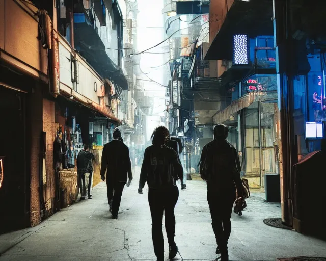 Image similar to front view of people walking down a cyberpunk street