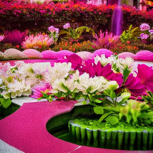 Image similar to photograph of flower fountain designed by Georgia O'Keefe, feminine, beautiful, curvy, flowers background, romantic, sensual, shallow depth of field, romantic lighting