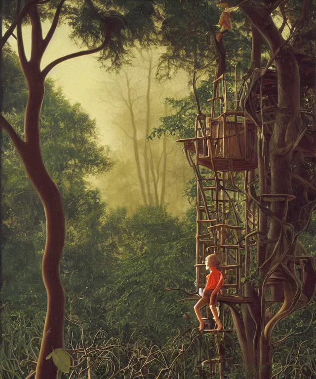 Prompt: masterful oil on canvas painting, eye - level view, shot from 5 0 feet distance, of a kid playing in a treehouse. in the background is a whimsical sparse forest. golden hour, detailed, depth, volume, chiaroscuro, quiet intensity, vivid color palette. by tex avery and gerald brom