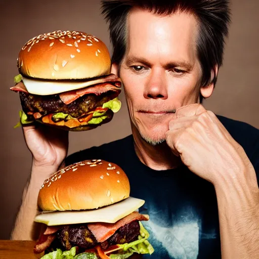 Image similar to kevin bacon profile portrait eating bacon burger soda fries, award winning food photography