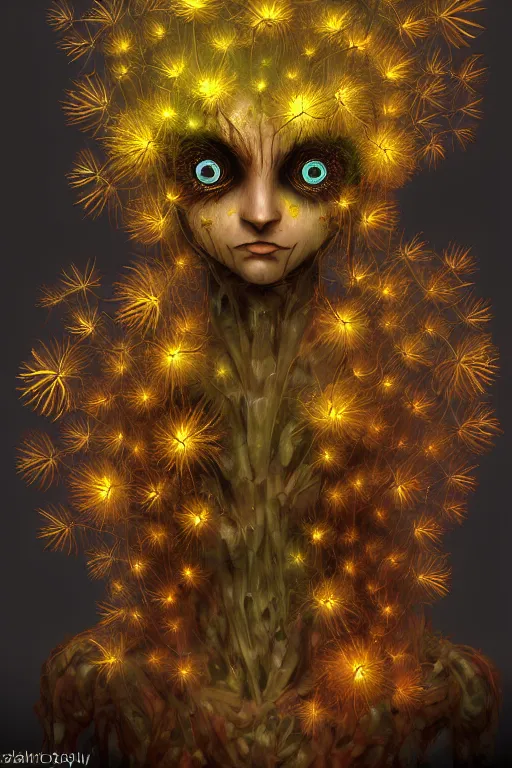 Image similar to a humanoid figure dandelion plant monster, amber eyes, highly detailed, digital art, sharp focus, ambient glow, trending on art station, anime art style