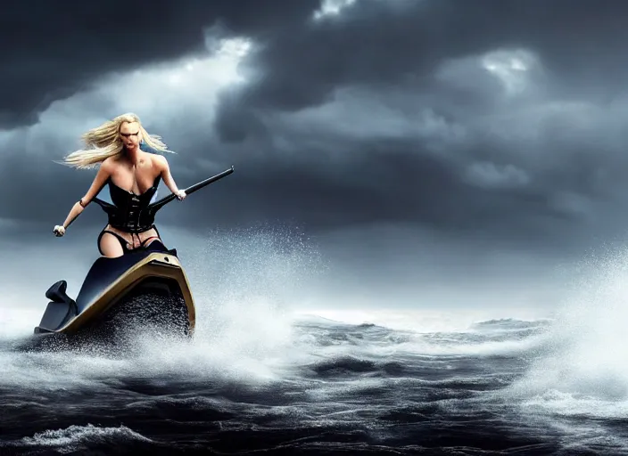 Prompt: dramatic photo of charlize theron as a viking women with weapons riding on a jet ski, wearing skin - tight futuristic valkerie bikini, rough seas in background, lightning storms, water world, mad max, hyper - realistic, highly detailed, accurate, 8 k octane render, 2 8 mm, wide angle, rule of thirds