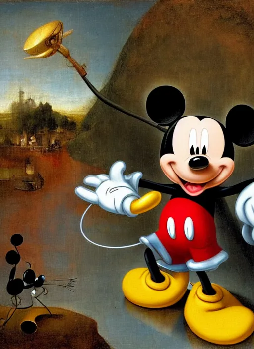 Image similar to mickey mouse painted by hieronymus bosch, detailed digital art, trending on Artstation