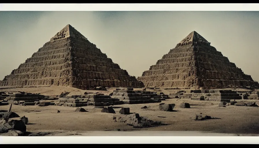 Prompt: 1 9 7 0 s movie still of a neoclassical palace with pyramids, by piranesi, polaroid, high quality, high detailed, rain