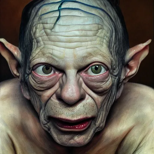 Image similar to high quality high detail painting by lucian freud, hd, portrait of gollum, photorealistic lighting