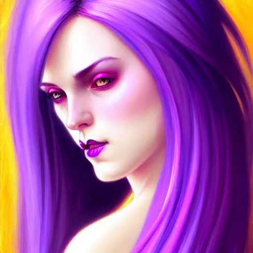 Image similar to Purple hair relistic Portrait of a woman with bright colored flying hair, all shades of purple. Beauty face, Hair coloring, fantasy, intricate, elegant, highly detailed, digital painting, artstation, concept art, smooth, sharp focus, illustration, art by artgerm and greg rutkowski and alphonse mucha