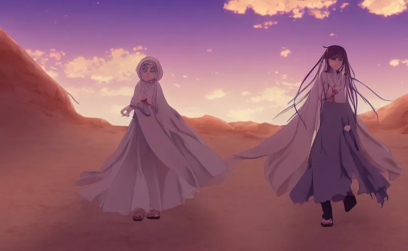 Prompt: An anime girl walking through a desert, wearing a traditional Arabian outfit, anime scenery by Makoto Shinkai, digital art