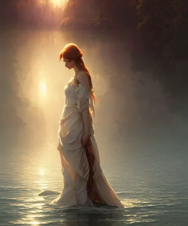 Image similar to emily rajtkowski, lake, elegant, highly detailed, god rays, digital painting, artstation, concept art, smooth, sharp focus, illustration, art by artgerm and greg rutkowski and alphonse mucha