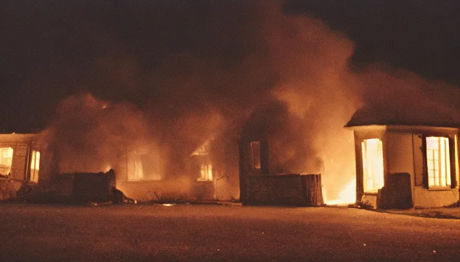 Image similar to 1 9 7 0 s movie still of a heavy burning french style little house by night in autumn, in a small northern french village, by sony mini dv camera, heavy grain, high quality, high detail, dramatic light, anamorphic, flares