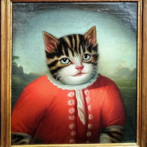 Image similar to an 1 8 th century highly detailed oil painting of a kitten wearing a chefs outfit