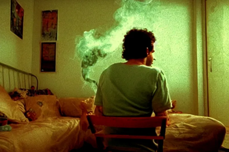 Image similar to old israeli apartment, todd solondz drinking alone, smoking, vaporwave colors, state of melancholy, romantic, dimmed lights, realistic