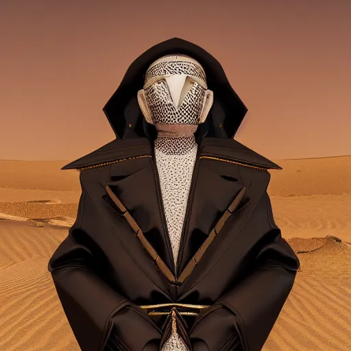 Prompt: portrait of masked dune dynasty with louis vuitton clothes, white background, louis vuitton logo, 8 k, symmetrical, 3 d render, octane render, insane details