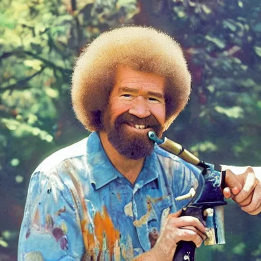 Prompt: bob ross painting a canvas with a paintball gun