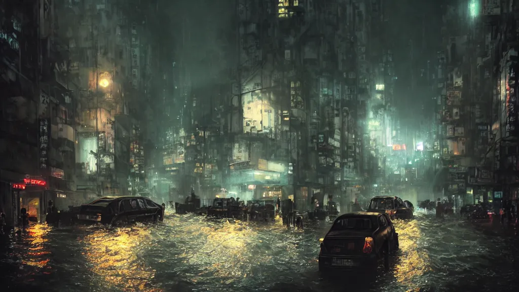 Prompt: dramatic Photorealistic, Matte Painting of a freight ship with bright head lights traveling down a busy post apocalyptic deep flooded Hong Kong city street at night,dark Tall buildings by Greg Rutkowski,Craig Mullins,Hyperrealism,Beautiful dramatic moody lighting,Cinematic Atmosphere,Octane Rendering,8K