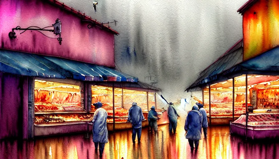 Image similar to watercolor painting of a butcher shop, raining, busy street, romantisism, outrun, pastel colors, painting, moody, detailed, by android jones