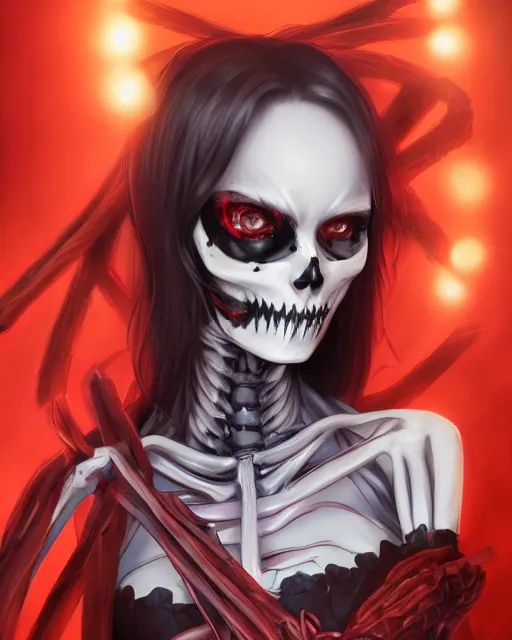 Image similar to A realistic anime portrait of a beautiful skeleton woman with glowing red eyes wearing clothes made of skulls, digital painting, by Stanley Artgerm Lau, Sakimichan, WLOP and Rossdraws, digtial painting, trending on ArtStation, SFW version