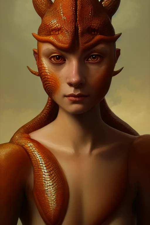 Image similar to a portrait of a lizardfolk, scale skin, illustration, soft lighting, soft details, painting oil on canvas by Edmund Blair Leighton and Charlie Bowater octane render trending on artstation d&d characters, 4k, 8k, HD