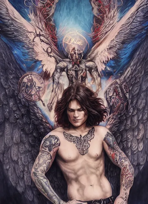 Image similar to Sam Winchester as an angel with religious tattoos on chest and neck, with glowing runes on the body, grimdark book cover style, D&D dark fantasy style, sharp focus, ultra detailed, art by Artgerm and Peter Andrew Jones, Ayami Kojima, Amano and Olivier Ledroit