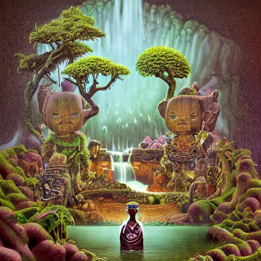 Image similar to wide angle dynamic portrait of a chibbi dogon priest in an african zen garden with a waterfall! and a golden ornate steampunk portal, amigurumi by mark ryden and todd schorr and mark davis and zdislaw beksinski in a surreal lowbrow style, digital paint, matte paint, vivid synthwave colors, breathtaking landscape